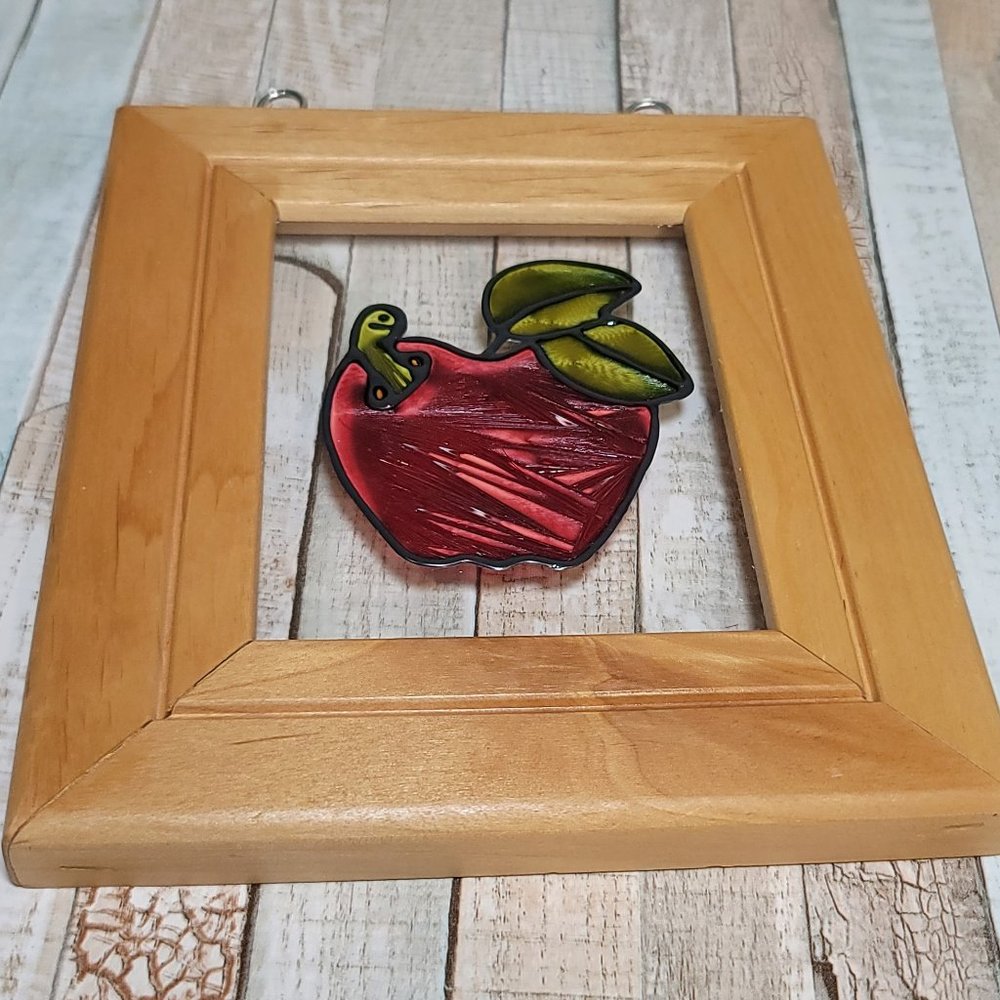 Framed Glass Window Panel - Apple w/ Worm - Open Windows, Salida, Colorado